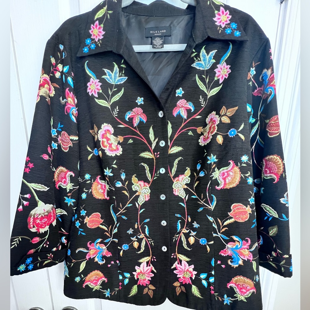 Silkland 1X Black Floral 100% Silk Beaded Jacket Button Front Lined High End